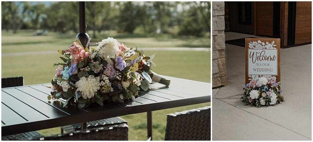 Flowers on table and welcome sign at Boulder wedding reception
