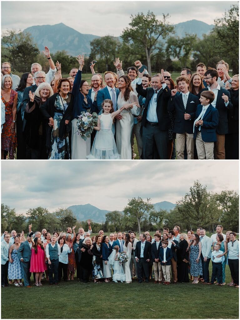Wedding guests group photo on Flatirons golf course